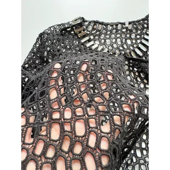 ELIE TAHARI Black Cotton Broderie Anglaise Beaded Lace Cardigan Sweater, Size 2 - Picture 10 of 15